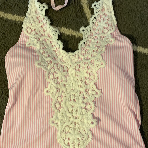 NWOT Blooming Jelly one-piece pink and white striped suit with lace and eyelet - Picture 2 of 7